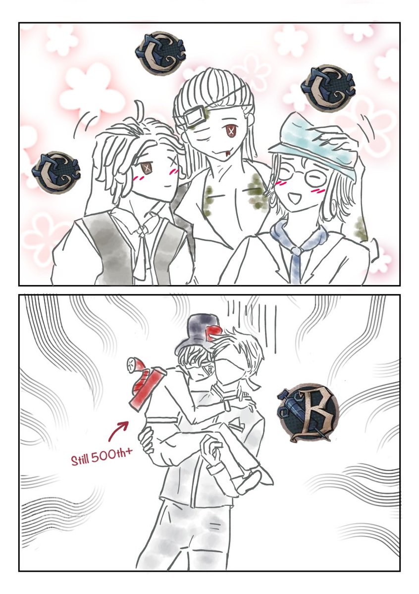 Habibi_8778_'s tweet photo. Happy badge C squad 🧪📍🦯 
Meanwhile, big brother⚰️ carries a whole fxxking rank (and newbie🧯)

———————————————
#IdentityVfanart #Embalmer #Professor #Puppeteer #MindsEye #FireInvestigator https://t.co/MnjQC6BaZi