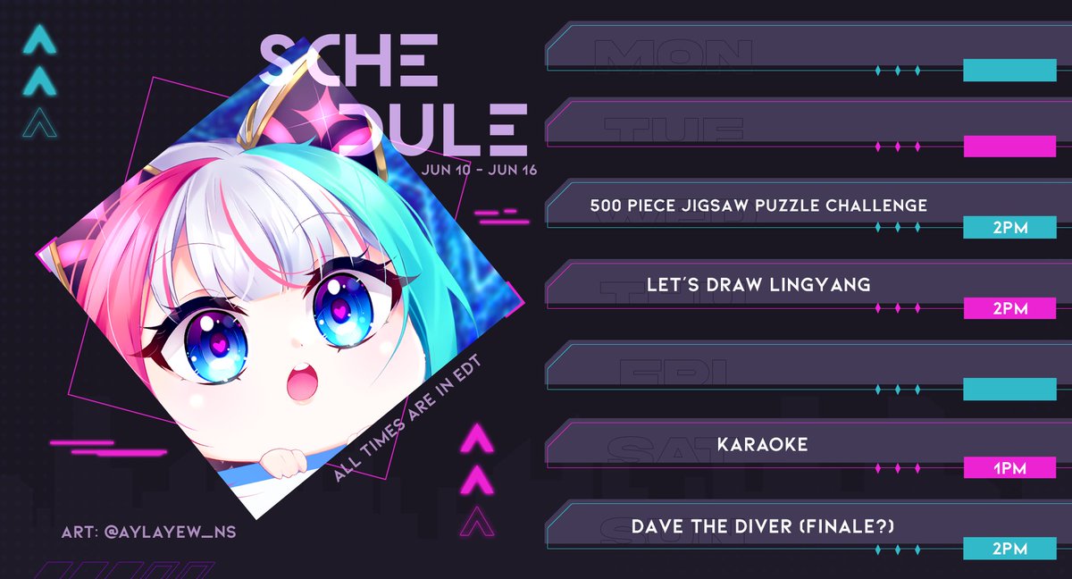 AylaYew's tweet photo. Schedule Jun 10 - Jun 16
SCHEDULE IS OUT! This week is a bit crazy for me so streams are a bit calm, but I promise I am cooking up some fun things!
General: #AylaYew
Live: #AyLive
Art: #YewDraw
Meme: #AyLaugh
Oshi Mark: ππ«΅ https://t.co/05PhLxfXwA