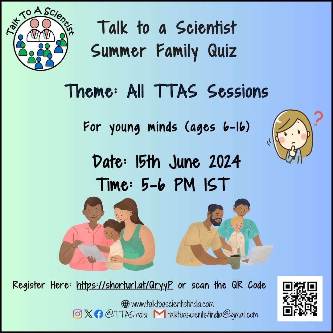 TTASIndia's tweet photo. 🎉 It's Quiz Week! 🌟
Get your game face on and join us for our Summer Family Quiz this Saturday!
Brush up on past Talk To A Scientist sessions and get ready to put your knowledge to the test.
Register now: https://t.co/kUU6fHiY6b 🚀
#QuizWeek #FamilyTrivia #learnwithTTAS https://t.co/MVZ44hBvKX