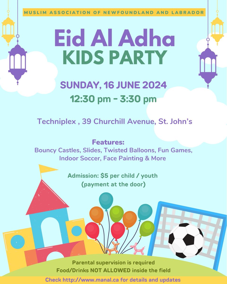 Muslim Association of Newfoundland and Labrador (@manal_tweeting) on Twitter photo MANAL is inviting the children & youth of our Muslim community to celebrate Eid Al Adha together on June 16. Our Kids Party will be full of fun activities for both preschoolers and school-aged children. Please check the  poster for location information & admission requirements. MANAL is inviting the children & youth of our Muslim community to celebrate Eid Al Adha together on June 16. Our Kids Party will be full of fun activities for both preschoolers and school-aged children. Please check the  poster for location information & admission requirements.