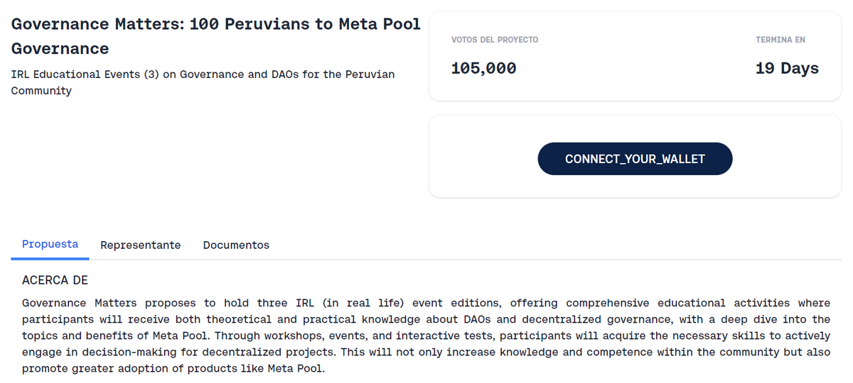 Gn 🌙

Amigos, les cuento que junto a <a href="/CosmicKi_eth/">CosmicKi.eth 🔴✨ | 🦇🔉</a> y <a href="/blid_eth/">Blid 🦇🔊</a> estamos postulando a los grants de Meta Pool con el proyecto "Governance Matters", cuyo objetivo es traer 100 peruanos 🇵🇪 a su gobernanza mediante eventos IRL. 🫶

Link de la propuesta abajo. Agradecemos su apoyo. ⭐️