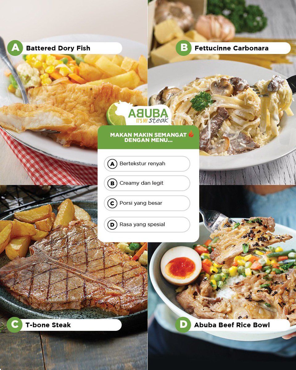Apa yang Buat Makanmu Makin Semangat?

Tenang, apapun pilihanmu, semua dapat dinikmati di <a href="/abubasteak_/">ABUBA steak</a> tentunya. Mulai dari yang bertekstur renyah, creamy, porsi yang besar, serta rasa yang spesial, semua ada di ABUBA steak👌🙌

#abubasteak #abuba #itsmysteak #steakholic #steak