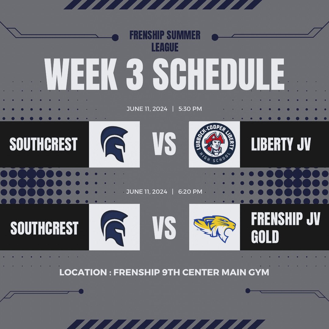 Summer league week 3 is here!! Our varsity guys play tomorrow night at 5:30 versus Liberty JV and at 6:20 versus Frenship JV Gold!! Come out and support!! 

#southcreststrong #oneteamoneheart #jesusaboveall #greattobeawarrior