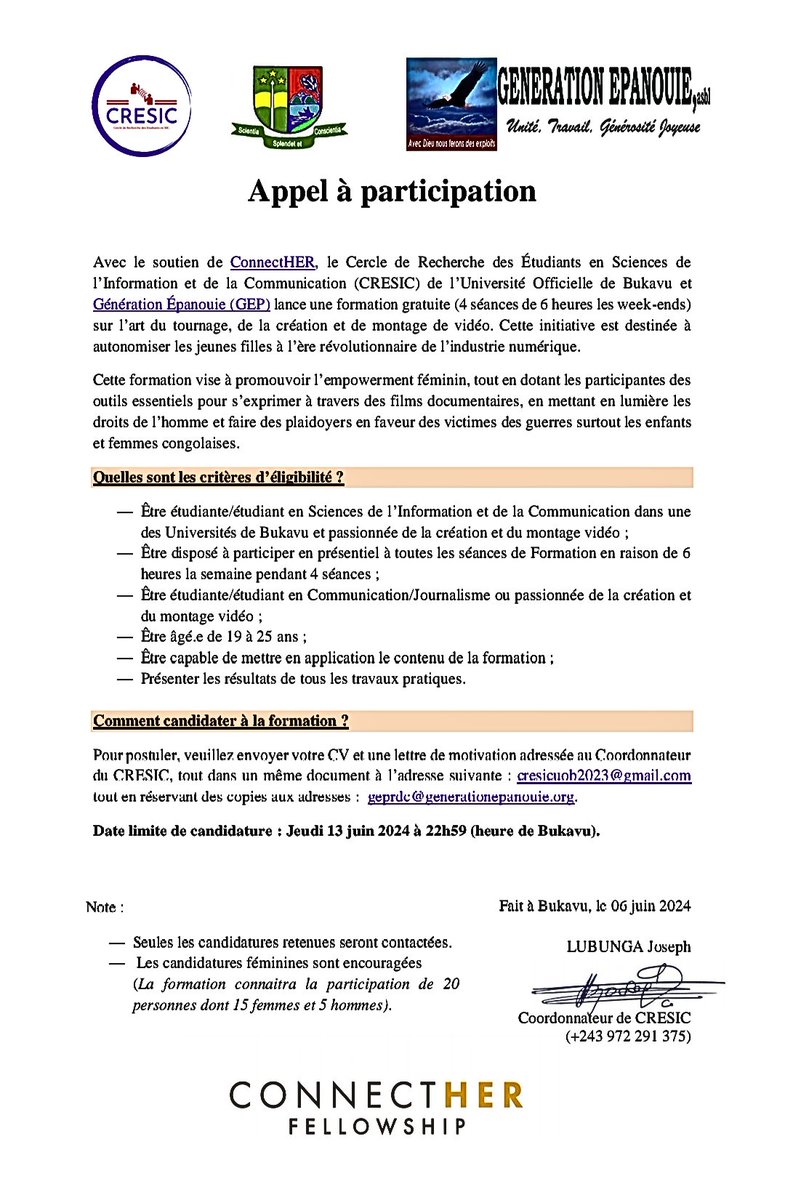 CRESIC (@cresic2022) on Twitter photo #Appelàparticipation
#Cresic de l’ <a href="/UOBukavu/">UOB-Université Officielle de Bukavu</a> , avec le soutien de <a href="/Connecther/">Connecther</a> et #GénérationÉpanouie ( #GEP ), propose une formation gratuite sur l’art du #tournage, de la #création et du #montage de vidéo.
facebook.com/10009150631236… #Appelàparticipation
#Cresic de l’ <a href="/UOBukavu/">UOB-Université Officielle de Bukavu</a> , avec le soutien de <a href="/Connecther/">Connecther</a> et #GénérationÉpanouie ( #GEP ), propose une formation gratuite sur l’art du #tournage, de la #création et du #montage de vidéo.
facebook.com/10009150631236…