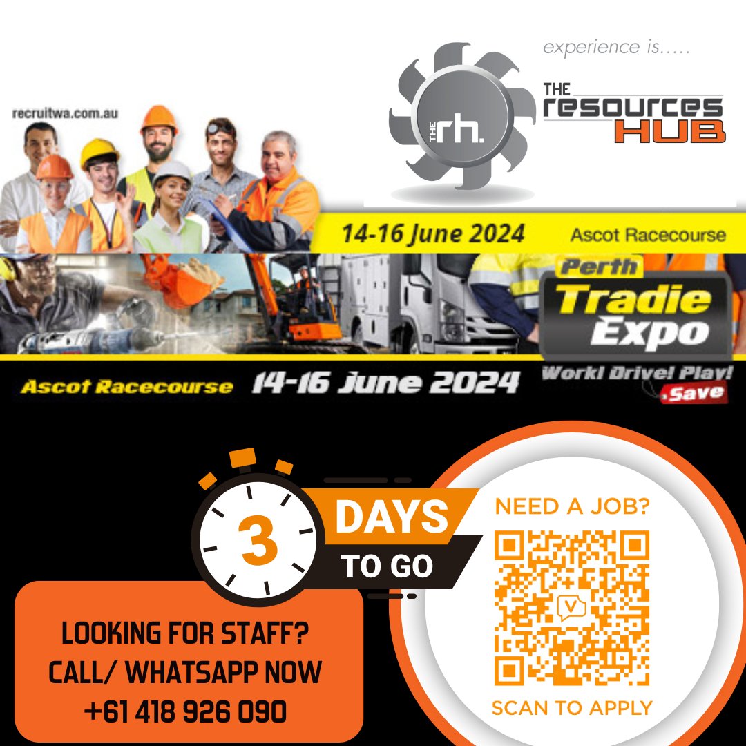 TheResourcesHub's tweet photo. ⌛ 3 days left! The countdown is real. Prepare to be inspired by the best in the industry. #RecruitWA #PerthTradieExpo @TheResourcesHub https://t.co/qlaSXkInoz https://t.co/1uyn6don2n