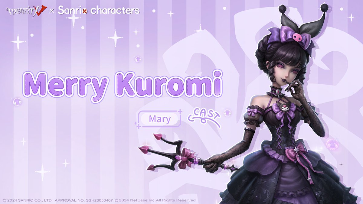 GameIdentityV's tweet photo. Identity V x Sanrio characters Crossover II is about to Start. The second Main Character makes a shiny appearance!
Come and enjoy this fantastic fair with Kuromi!
Bloody Queen is ready to have fun with everyone at the fair with her new [Costume] Merry Kuromi and [Accessory] Kuromi's Glasses!
#identityv
#IDVSanriocharacters