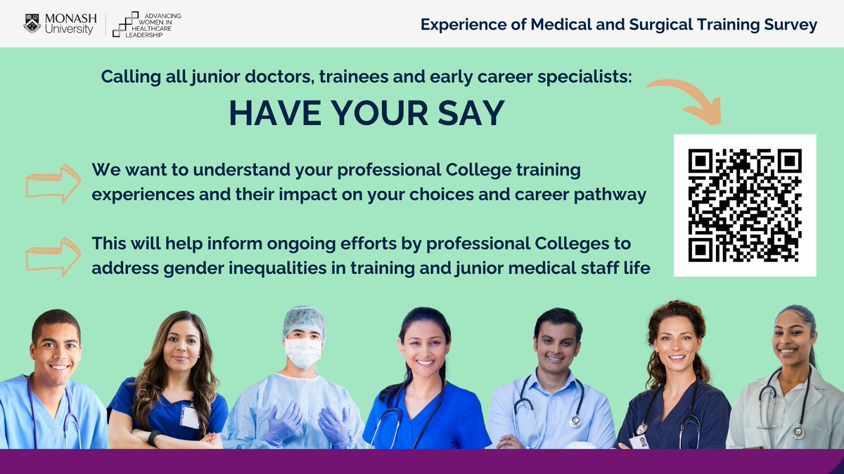 Jenny Proimos (@jproimos) on Twitter photo We've all had issues with specialist medical training. For those training in Aust & NZ, please share your views to help inform change by Colleges to promote gender equity.
Link to survey here:
monash.az1.qualtrics.com/jfe/form/SV_00…
QR Code is below 👇
<a href="/AWHLproject/">Advancing Women in Healthcare Leadership</a>
<a href="/MCHRImonash/">MCHRI</a> We've all had issues with specialist medical training. For those training in Aust & NZ, please share your views to help inform change by Colleges to promote gender equity.
Link to survey here:
monash.az1.qualtrics.com/jfe/form/SV_00…
QR Code is below 👇
<a href="/AWHLproject/">Advancing Women in Healthcare Leadership</a>
<a href="/MCHRImonash/">MCHRI</a>