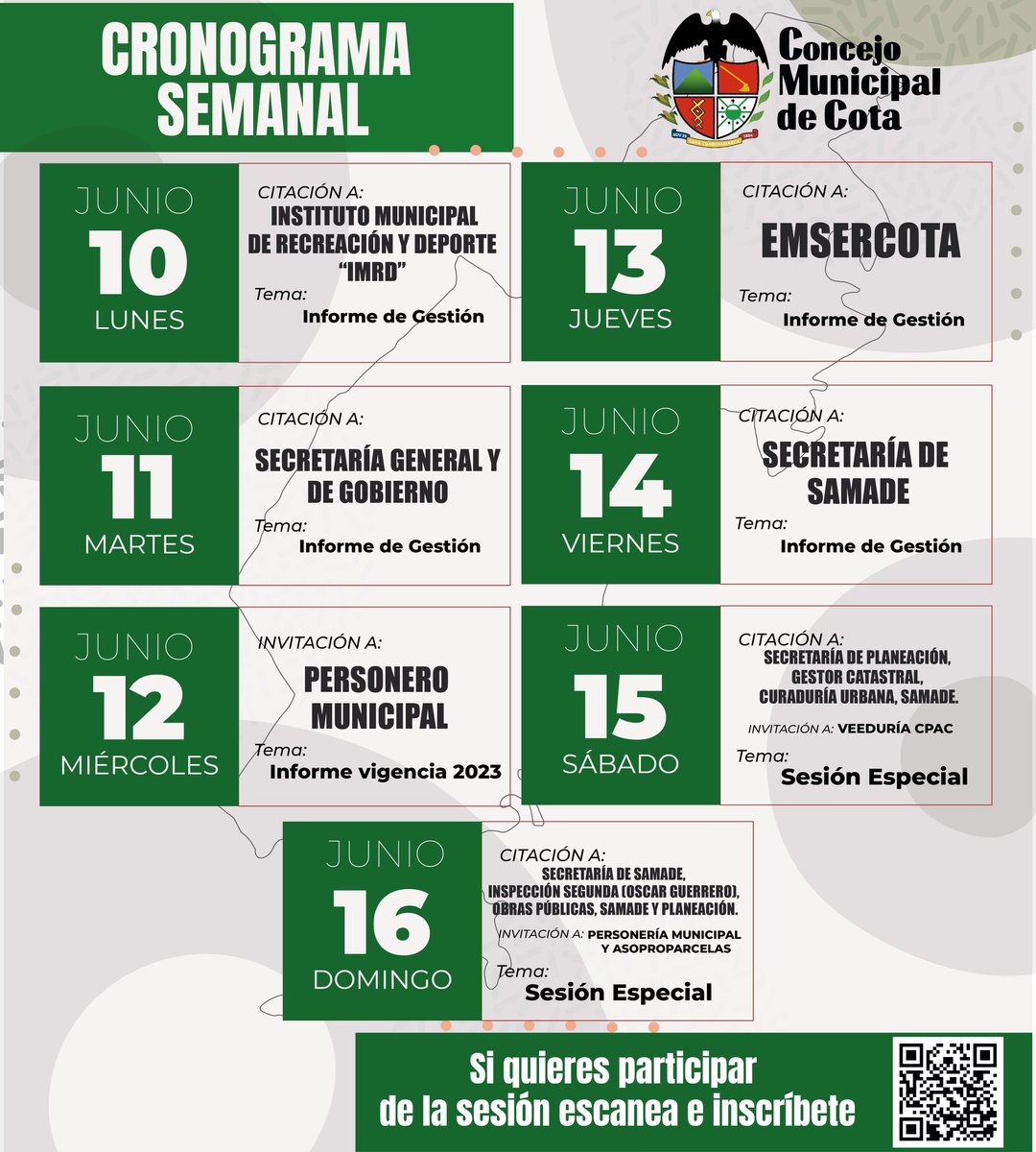CotaConcejo's tweet photo. Agéndate y participa en las sesiones programadas para esta semana. 🙋🏼‍♀️🙋🏼‍♂️ ¡Los esperamos! https://t.co/oIaeBTvtVY