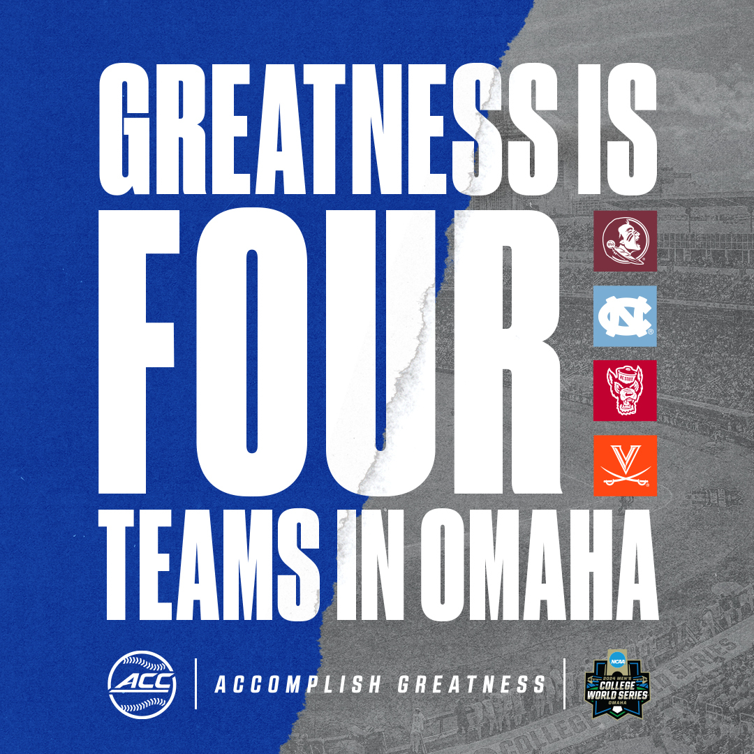 ACCBaseball's tweet photo. 𝐍𝐄𝐗𝐓 𝐒𝐓𝐎𝐏: 𝐎𝐌𝐀𝐇𝐀

The ACC makes up half of the College World Series field 🫡

#AccomplishGreatness x #CWS https://t.co/kgF5WC3JYq