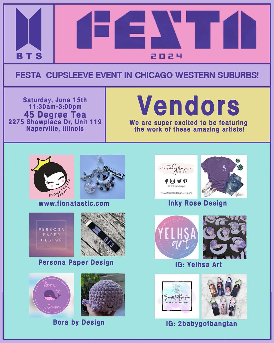 cmoore1808's tweet photo. 💜 Exciting news! 
We are thrilled to reveal the amazing vendors for our upcoming BTS Festa Cupsleeve event, this Saturday at 45 Degree Tea in Naperville.  Freebies! Door prizes!  Photo ops!

More info:
https://t.co/ThICTYikQ1

@Chi_CupSleeve   @CHICAGOBTSARMY  @kpopcupsleeves https://t.co/TfwLisyrUc