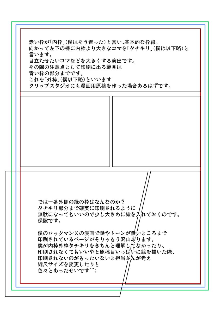 漫画原稿の内枠外枠タチキリとはなに?という
ポストを見かけたので大雑把に説明。
ロックマンX執筆中に僕の理解が足りないのと、印刷されなくてもいいやとタチキリよりかなり大きく絵を描いた際に担当さんが「絵を全部見せたいから」と気遣ってくれて縮尺を変更するとか意思疎通不足がありました。 