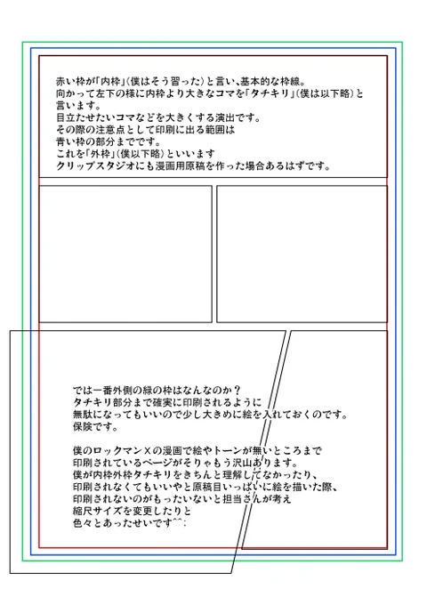 漫画原稿の内枠外枠タチキリとはなに?という
ポストを見かけたので大雑把に説明。
ロックマンX執筆中に僕の理解が足りないのと、印刷されなくてもいいやとタチキリよりかなり大きく絵を描いた際に担当さんが「絵を全部見せたいから」と気遣ってくれて縮尺を変更するとか意思疎通不足がありました。 