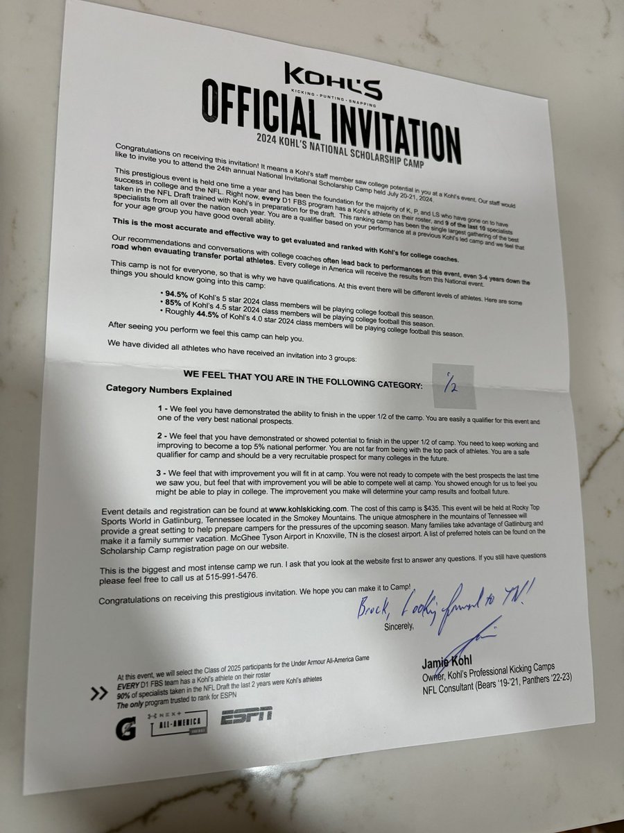 Brock Franklin (@brockfranklin07) on Twitter photo Excited to receive my official invitation to the Kohls National Scholarship Camp in Tennessee. Looking forward to competing against the best in the nation! <a href="/GregPort17/">Greg Porter</a> <a href="/Coach_Dean89/">Adams Dean</a> <a href="/KohlsKicking/">Kohl's Kicking Camps</a> <a href="/josef_lorenz/">Deutscher Fussball</a> <a href="/ldhsRaiderFB/">LDHS Raider Football</a> <a href="/CoachGiugliano/">Anthony Giugliano</a> Excited to receive my official invitation to the Kohls National Scholarship Camp in Tennessee. Looking forward to competing against the best in the nation! <a href="/GregPort17/">Greg Porter</a> <a href="/Coach_Dean89/">Adams Dean</a> <a href="/KohlsKicking/">Kohl's Kicking Camps</a> <a href="/josef_lorenz/">Deutscher Fussball</a> <a href="/ldhsRaiderFB/">LDHS Raider Football</a> <a href="/CoachGiugliano/">Anthony Giugliano</a>