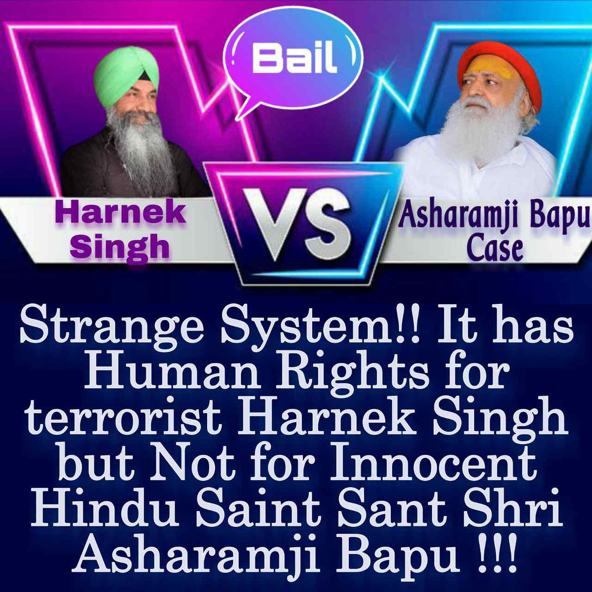 88 वर्ष के  Sant Shri Asharamji Bapu  बिना कोई आरोप सिद्ध हुए 11 +वर्षों से कारावास में हैं  !!
अभी 8 से 10 जून वह AIMS में admit थे । न्यायालय उनके बिगड़ते हुए स्वास्थ्य को #अनदेखा_न_करें और निर्दोष संत को स्वास्थ्य सुधार के लिए Grant Bail  !! Stop Injustice