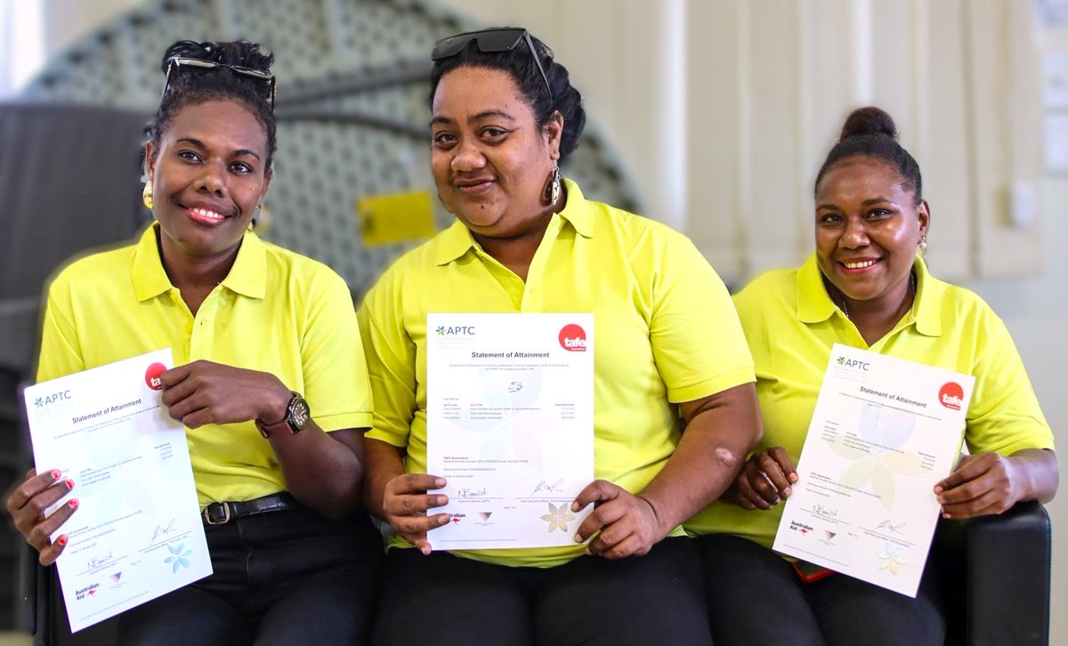 aptcpacific's tweet photo. 🎊 Congratulations to the 21 Solomon Islands 🇸🇧 women graduates from #APTC who are now equipped with skills for aged care, both locally and abroad. Special thanks 🙏to @AusHCSols and the Ministry of Foreign Affairs &amp; External Trade for their support in #CreatingSkillsforLife! 👏 https://t.co/qwQzJE2xuF