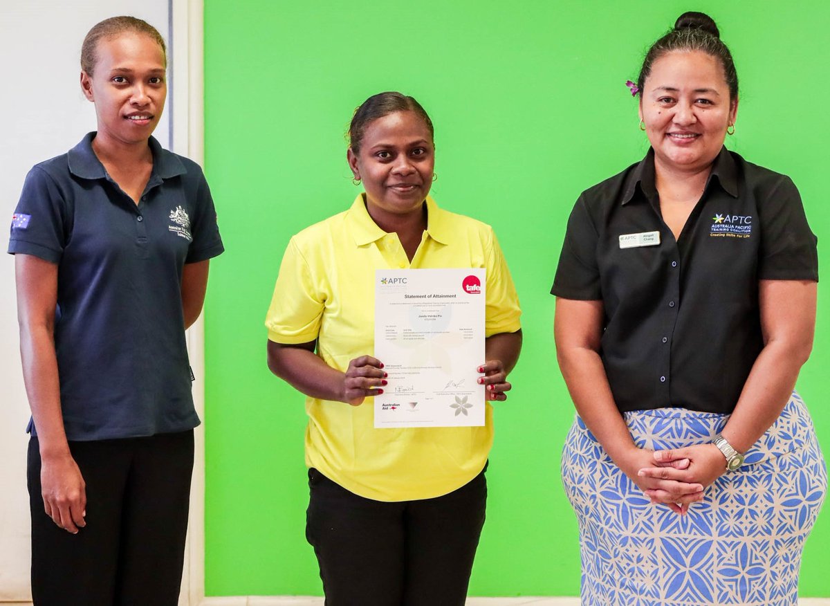 aptcpacific's tweet photo. 🎊 Congratulations to the 21 Solomon Islands 🇸🇧 women graduates from #APTC who are now equipped with skills for aged care, both locally and abroad. Special thanks 🙏to @AusHCSols and the Ministry of Foreign Affairs &amp; External Trade for their support in #CreatingSkillsforLife! 👏 https://t.co/qwQzJE2xuF