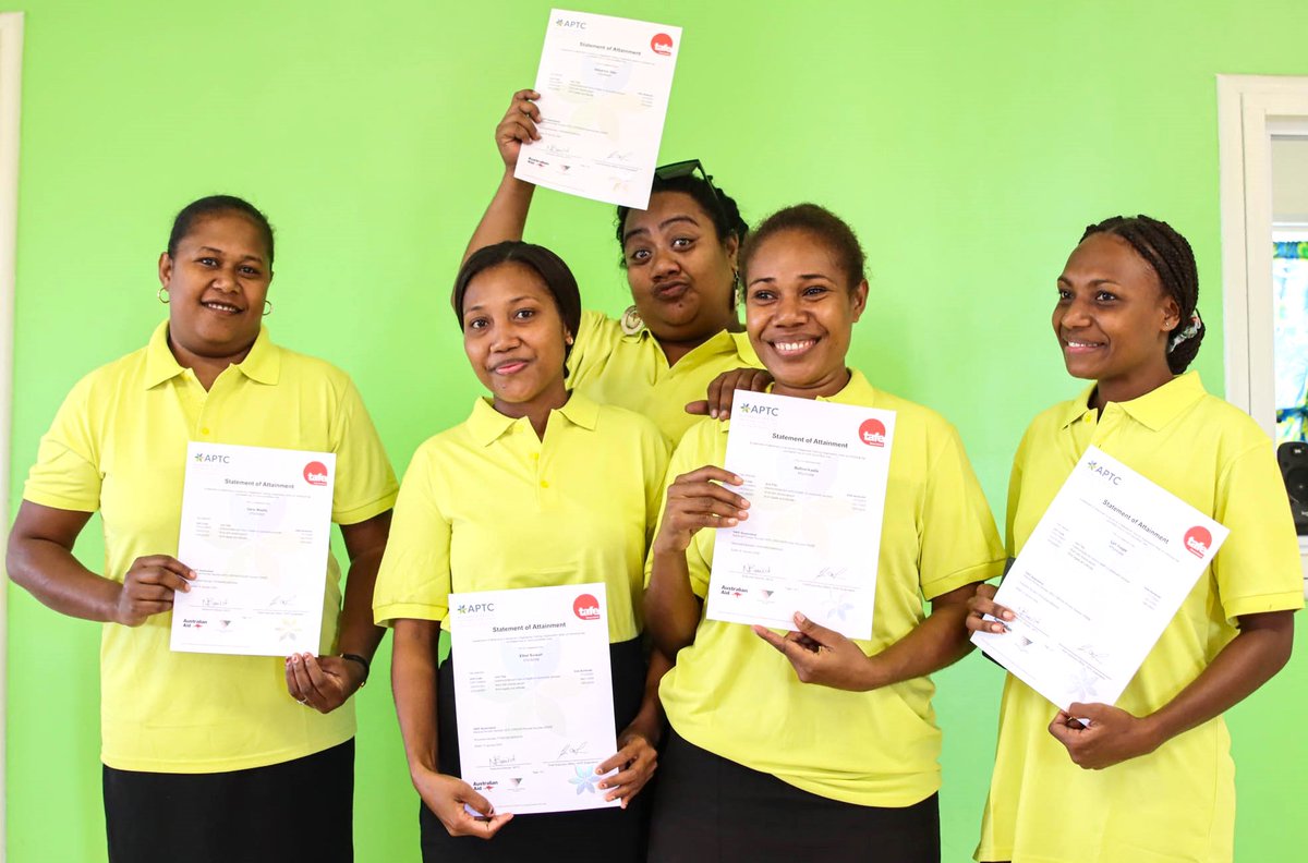 aptcpacific's tweet photo. 🎊 Congratulations to the 21 Solomon Islands 🇸🇧 women graduates from #APTC who are now equipped with skills for aged care, both locally and abroad. Special thanks 🙏to @AusHCSols and the Ministry of Foreign Affairs &amp; External Trade for their support in #CreatingSkillsforLife! 👏 https://t.co/qwQzJE2xuF