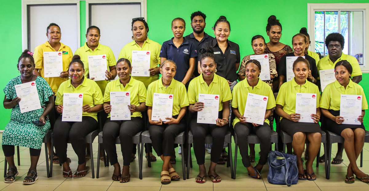 aptcpacific's tweet photo. 🎊 Congratulations to the 21 Solomon Islands 🇸🇧 women graduates from #APTC who are now equipped with skills for aged care, both locally and abroad. Special thanks 🙏to @AusHCSols and the Ministry of Foreign Affairs &amp; External Trade for their support in #CreatingSkillsforLife! 👏 https://t.co/qwQzJE2xuF