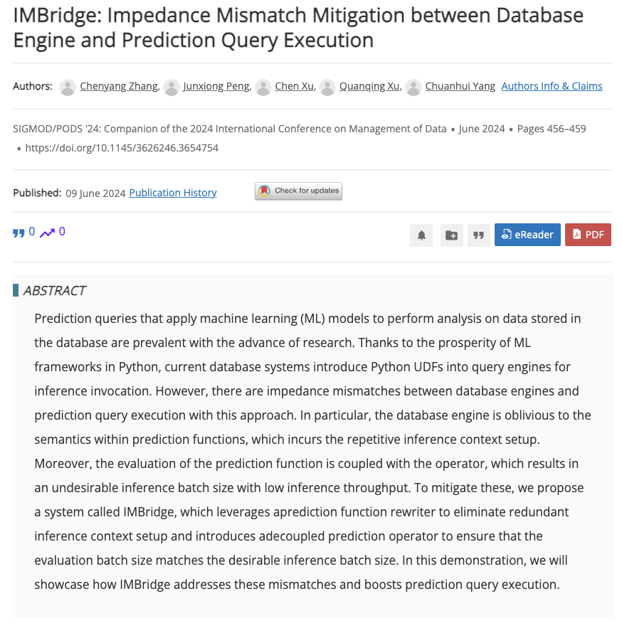 LearnOceanBase's tweet image. Discover the paper by #ECNU and #OceanBase at #SIGMOD2024👉shorturl.at/zRHjy

#IMBridge eliminates redundant inference context setup and introduces decoupled prediction operator, thus addressing impedance mismatches in executing prediction queries within #database engines.
