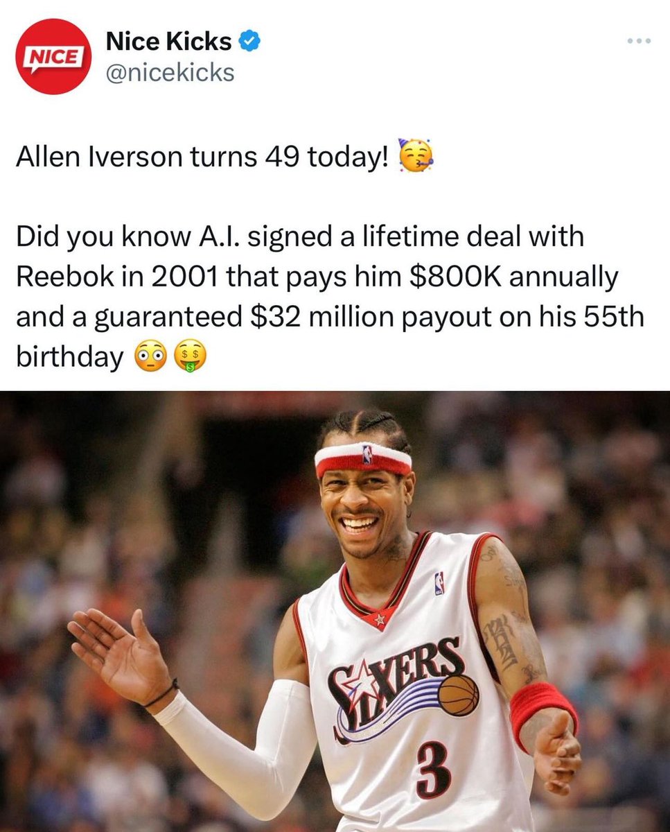 BrandonEBeal's tweet photo. Pretty much, #Reebok is the insurance carrier. #AI is the insured, and the $800K per year is a GUARANTEED stream of income being paid for life. Thats the definition of an #ANNUITY at its FINEST! Shoutout @reebok &amp; @theofficialai3 💰 https://t.co/SNhb2KAiqv