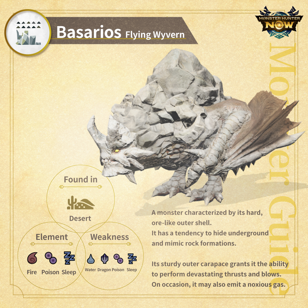 MH_Now_EN's tweet image. With a hard, ore-like outer shell, this monster performs devastating thrusts!

#Basarios

This monster's hard exterior makes it difficult to inflict damage! Try to target its much softer stomach, legs or tail 💥

Just a little longer to hunt Basarios ✨

#MHNow #MonsterGuideNow