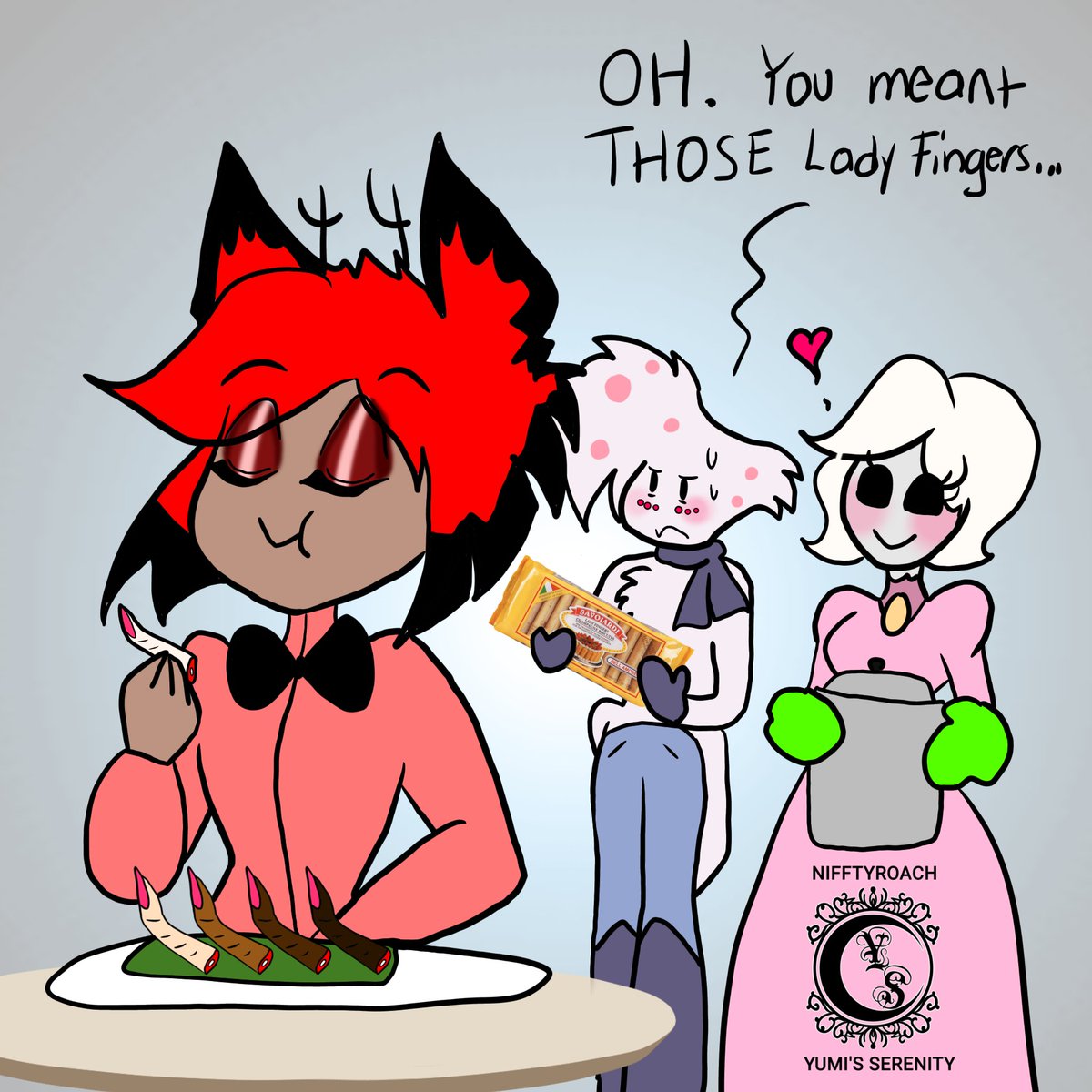 Doing small quick doodles for this week. DAY 1
I guess cooking something special for someone can be a nice gift! Anyone try lady fingers? They are actually yummy!
#radiorose #radioroseweek #radioroseweek2024 <a href="/radioroseweek/">Radioroseweek2024</a> 
#RadioDustWeek #radiodust #HazbinHotel #AlastorFanart