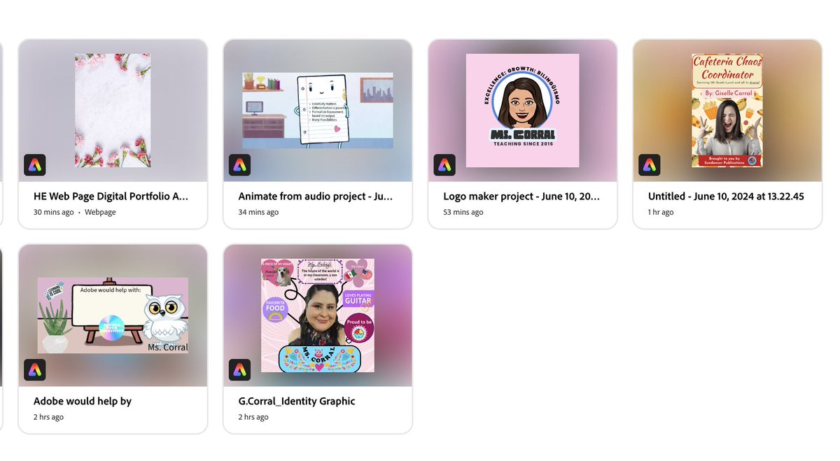 corral_ms's tweet photo. Check out all the AWESOME things we created with Adobe Express and the help of @MrsTGonzalez, @ClaudioZavalaJr  and @EdTechOscar! We even earned Adobe badges! Thank you @YsletaISD for such a cool opportunity. #AdobeEduCreative #totallyrecommend https://t.co/5JqCJCecSe