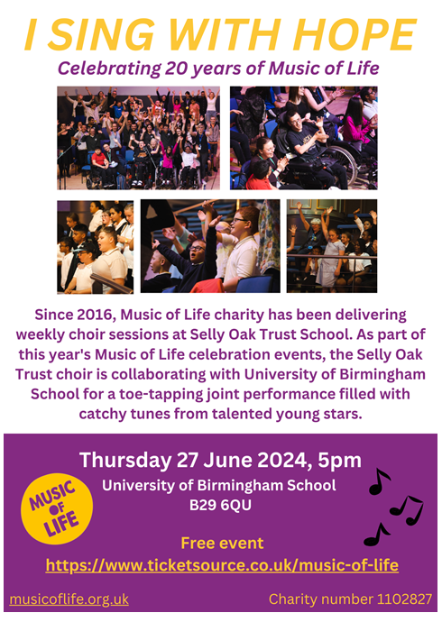 UoBSchool's tweet photo. Sing with Hope! ⭐️🎤🎶 Choir Groups from UoB School &amp; Selly Oak Trust School are collaborating for a toe-tapping evening filled with catchy tunes &amp; performances from talented young stars! Join us at UoB School on 27 June from 17.00. Book your free tickets https://t.co/tG6bH7Qtgr https://t.co/8ijCCw1lJ3