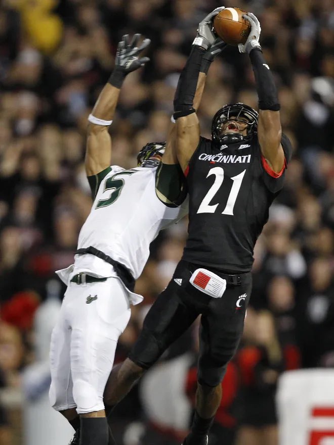 Mike Mickens’ 14 career INTs remains top the leaderboard for <a href="/GoBearcatsFB/">Cincinnati Football</a>.  One heck of a coach here as well.  

1. Mickens 14 (2005-2008)
2. Jocelyn Borgella 12 (1990-1993)
     Blue Adams 12 (1998-2002)
     DeAngelo  Smith 12 (2005-2008)
5.  Ed Bolis 11 (1970-72)