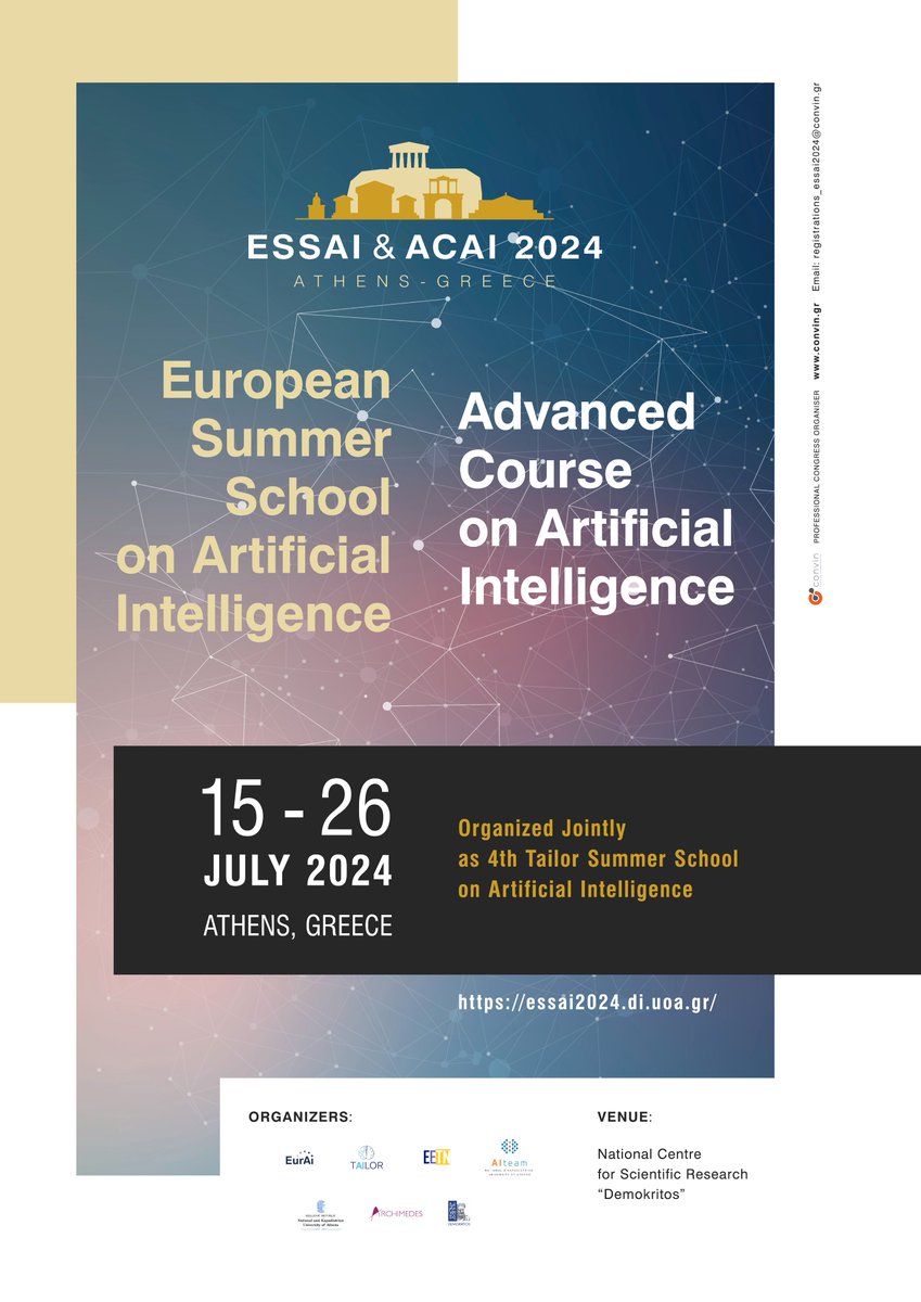 Early bird registration for ESSAI&amp;ACAI 2024 is ending soon!!!

Grasp the opportunity to register now and receive access to 30+ courses and tutorials covering all areas of AI, taught by top experts in the field.  
essai2024.di.uoa.gr/registration.h…