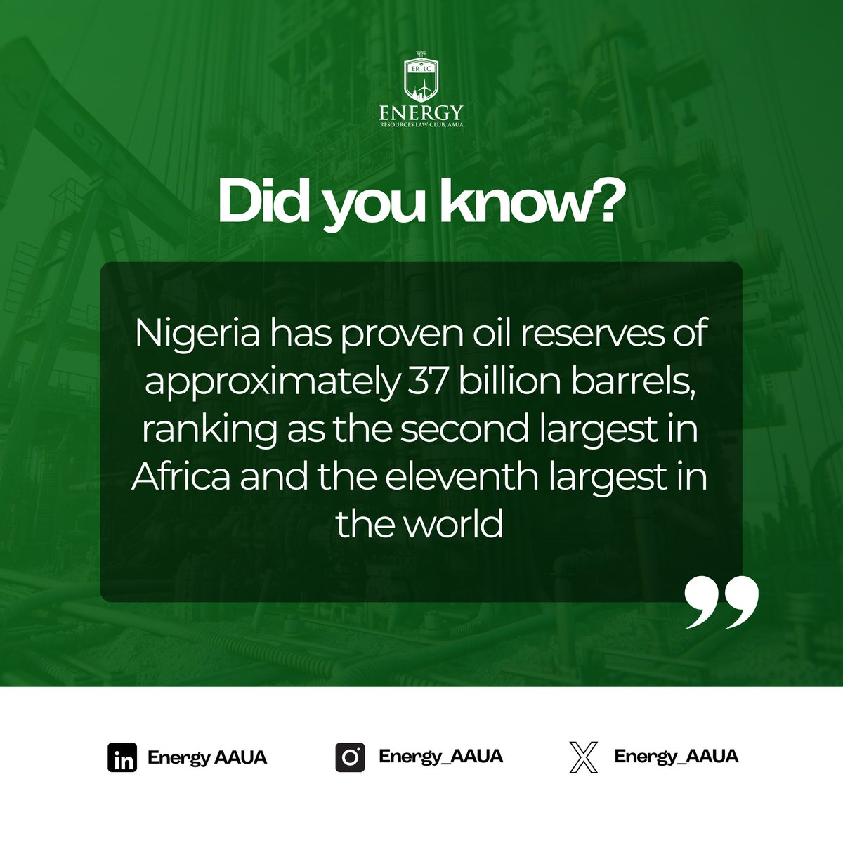 ENRS_AAUA's tweet photo. Knowest thou?⚡
#Nigeriaoil
#EnergyResearch #ENRLC-AAUA
THE ENERGY AND NATURAL RESOURCES LAW CLUB, AAUA https://t.co/FdXNuBLIQK