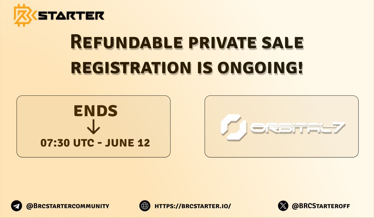 BRCStarters,

Our <a href="/Orbital7BTC/">Orbital7</a> refundable private sale is less than 24 hours away!

✅To Register and learn more, here: app.brcstarter.io/pool/orbital7

Guaranteed round opens: June 12, 2024 08:00 UTC
FCFS round opens: June 12, 2024 19:00 UTC
Sale Closes: June 13, 2024 08:00 UTC