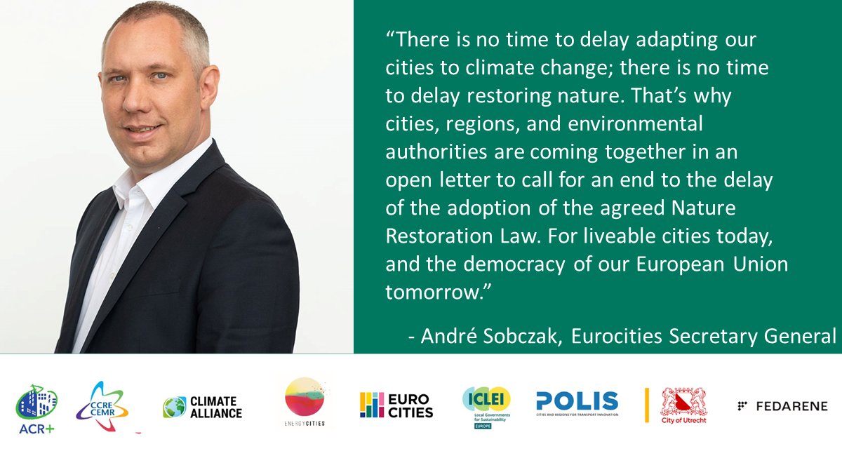 Eurocities (@eurocities) on Twitter photo Failure to adopt the EU #NatureRestoration Law threatens our #environment and democracy. Cities, regions and environmental authorities call on the <a href="/EUCouncil/">EU Council</a> to adopt the Law without further delay! 🌱 #RestoreNature
Read our open letter 👉mvnt.us/m2418196 Failure to adopt the EU #NatureRestoration Law threatens our #environment and democracy. Cities, regions and environmental authorities call on the <a href="/EUCouncil/">EU Council</a> to adopt the Law without further delay! 🌱 #RestoreNature
Read our open letter 👉mvnt.us/m2418196