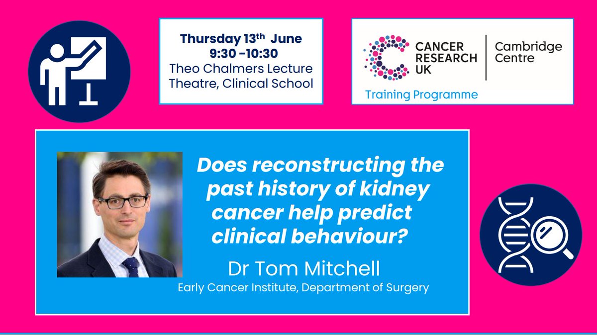 CRUK Cambridge Centre (@crukcamcentre) on Twitter photo 📢 Don’t miss our next Cancer Biology and Medicine talk on Thursday!
<a href="/Tom_J_Mitchell/">Tom Mitchell</a> talks on whether the history of kidney cancer can predict clinical behaviour. <a href="/EarlyCancerCam/">Early Cancer Institute, University of Cambridge</a>
• Thurs 13 June, 9:30-10:30
• Clinical School <a href="/CamBioCampus/">Cambridge Biomedical Campus</a>
<a href="/clinical_hr/">Clinical School HR</a> <a href="/CRUK_CI/">CRUK Cambridge Institute</a> 📢 Don’t miss our next Cancer Biology and Medicine talk on Thursday!
<a href="/Tom_J_Mitchell/">Tom Mitchell</a> talks on whether the history of kidney cancer can predict clinical behaviour. <a href="/EarlyCancerCam/">Early Cancer Institute, University of Cambridge</a>
• Thurs 13 June, 9:30-10:30
• Clinical School <a href="/CamBioCampus/">Cambridge Biomedical Campus</a>
<a href="/clinical_hr/">Clinical School HR</a> <a href="/CRUK_CI/">CRUK Cambridge Institute</a>