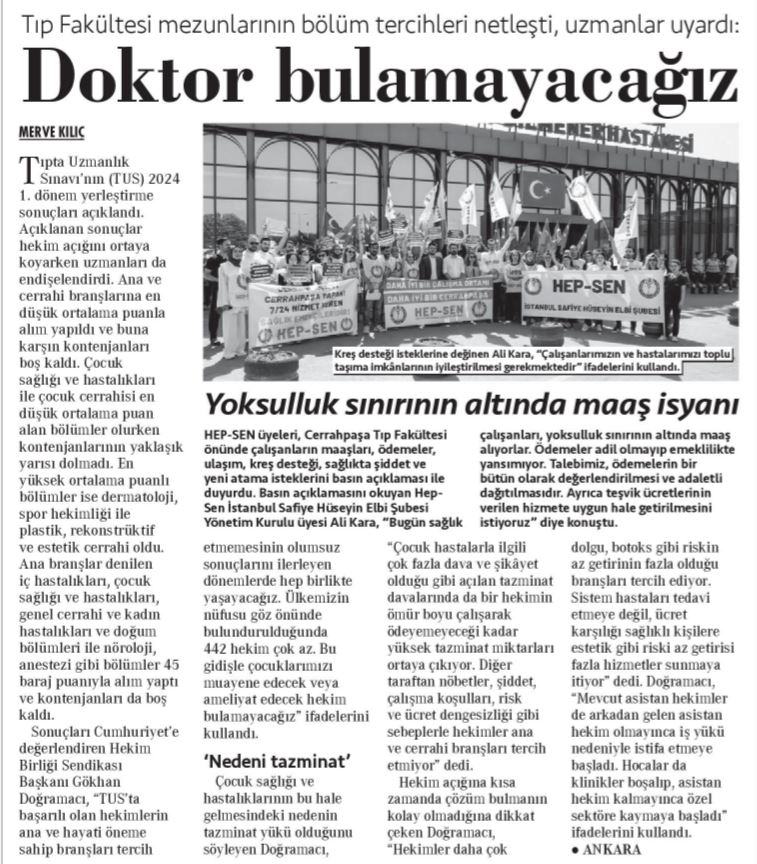 muhabirmerveklc's tweet image. Tıp Fakültesi mezunlarının bölüm tercihleri netleşti, uzmanlar uyardı: 'Doktor bulamayacağız'
Tıpta Uzmanlık Sınavı’nın (TUS) 2024 1. dönem yerleştirme sonuçları açıklandı. Açıklanan sonuçlar hekim açığını ortaya koyarken uzmanları da endişelendirdi.
cumhuriyet.com.tr/saglik/tip-fak…
#TUS