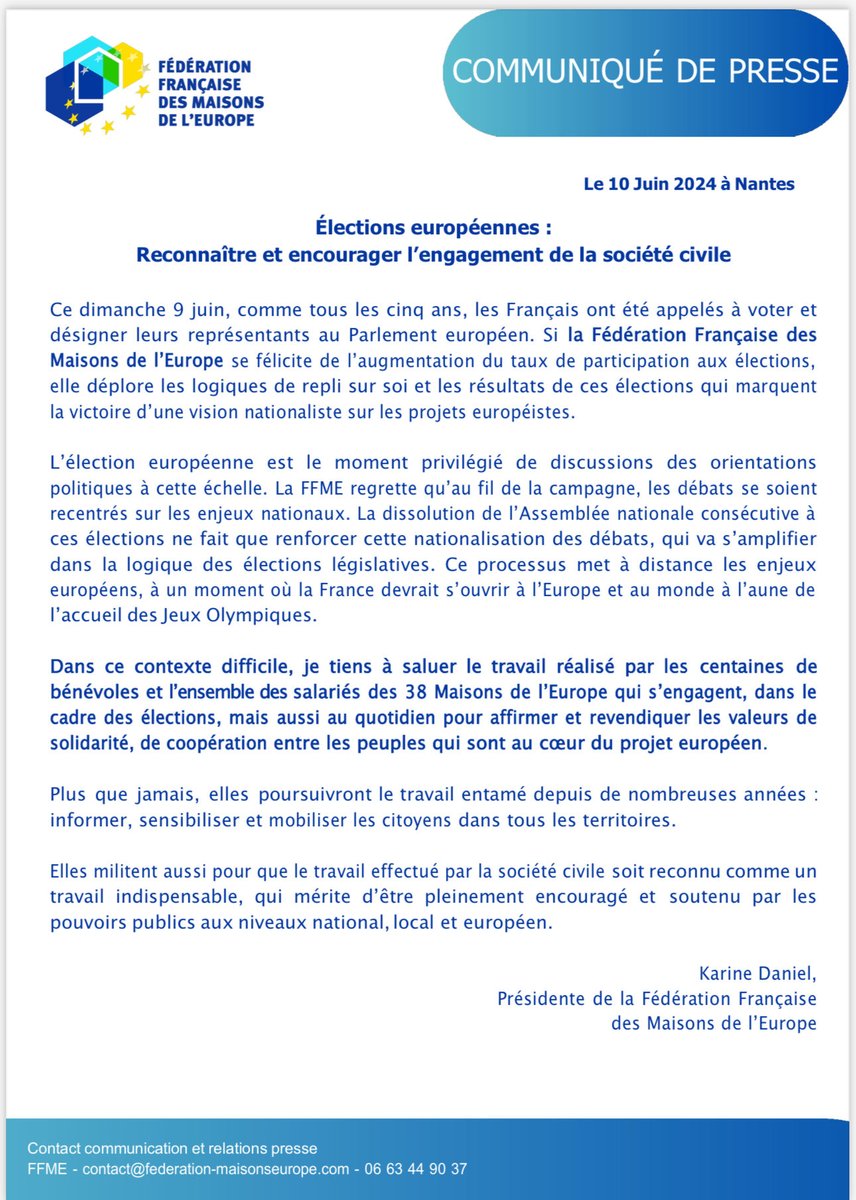 #EE24 Reconnaître et encourager l’#Engagement de la société civile - Communiqué ⁦<a href="/F_F_M_E/">Fédération Française des Maisons de l'Europe</a>⁩ #Europe