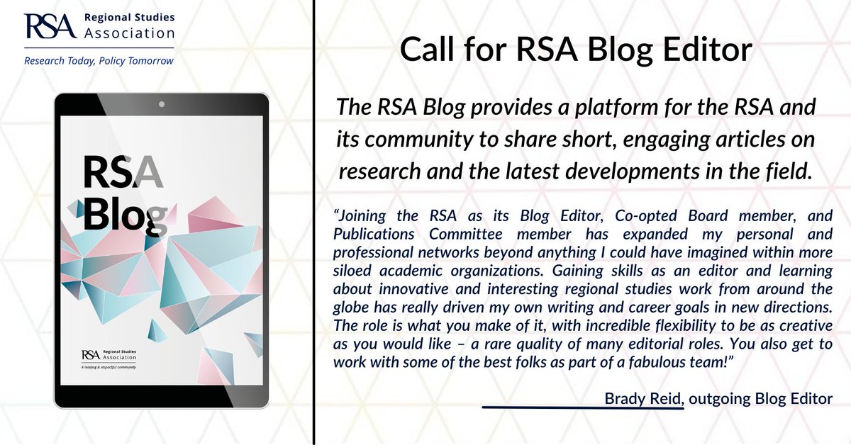 Are you interested in promoting knowledge exchange in the field of regional studies and regional science, and developing your editorial skills?  We are looking for a new and enthusiastic editor for the <a href="/rsa_blog/">RSABlog</a> 
More info at regionalstudies.org/news/2024-rsa-…
Deadline: 10 July 2024.