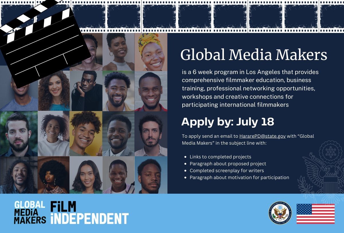MotoRepublik's tweet photo. 📢 Calling mid career writers, directors & producers for the Global Media Makers program, a five-week residency and cultural exchange program in Los Angeles, in 2025.
If interested, please submit the following by July 18:
Links to completed Projects
Paragraph about proposed projects 
Completed screenplay for writers
Paragraph about motivation for participation
to: HararePD@state.gov with Global Media Makers in the subject line 
Submitted projects may be feature or episodic projects in fiction or documentary, of any genre, including comedy & drama. Nominated candidates may apply as either an individual or a two-person creative team working together on the same project.  Preference will be given to creative teams consisting of write/director. writer/producer or director/producer but individuals will also be considered and are encouraged to apply