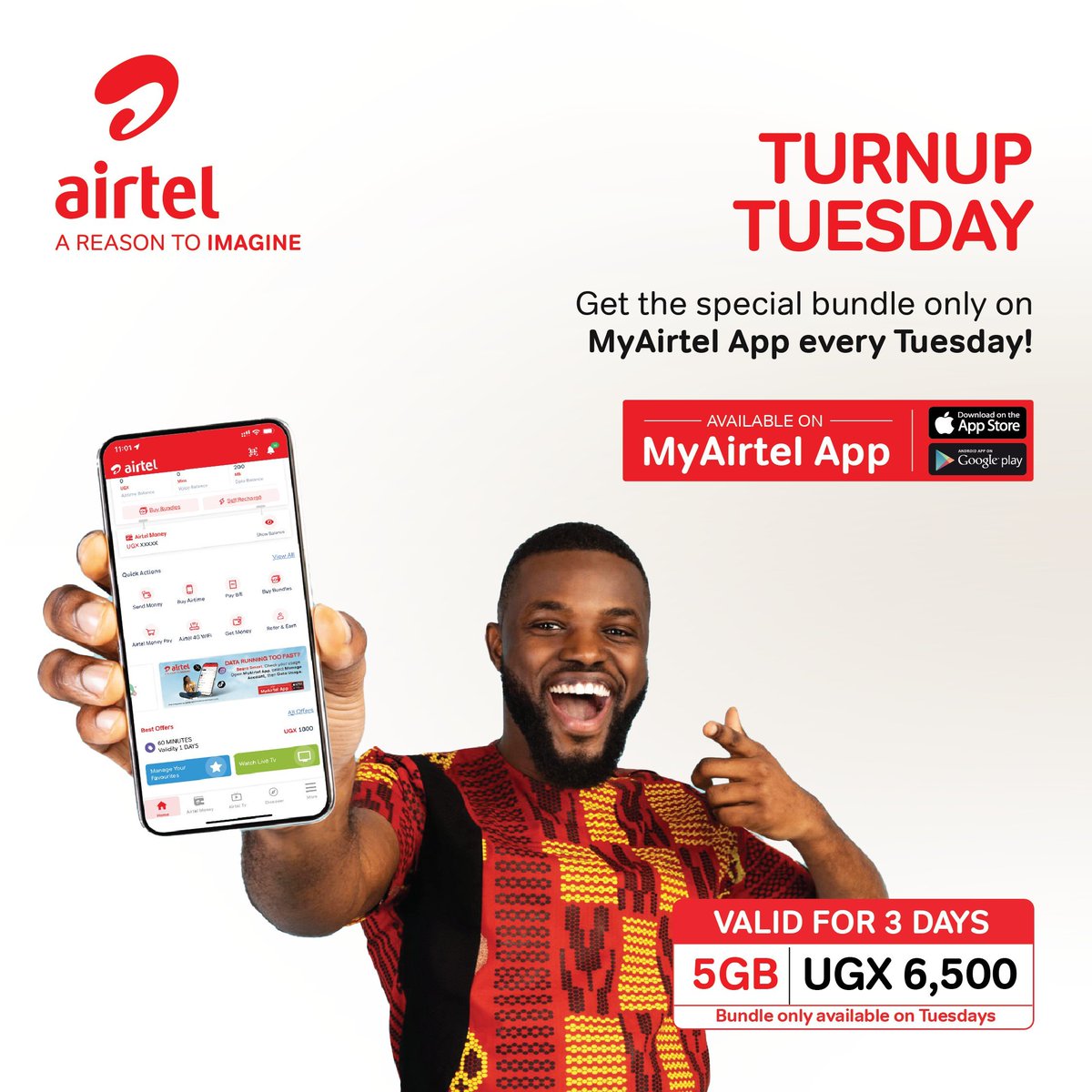 Unleash the excitement of Tuesday🥳 turn up Tuesday bundle on #MyAirtelApp is perfect way to make most of your day. 

Download the app here: 
 airtelafrica.onelink.me/cGyr/qgj4qeu2

#TurnUpTuesday