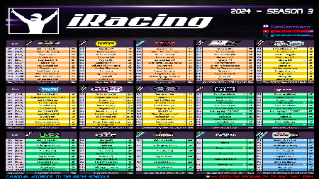 2024 Season 3 @Iracing Schedule available only in Discord. 
It will be updated in case of changes.  

Calendario @Iracing 2024 Season 3, disponible solo en Discord. 
Será actualizado en caso de cambios. 

Discord LINK -----> discord.gg/JPUNyzCjBq