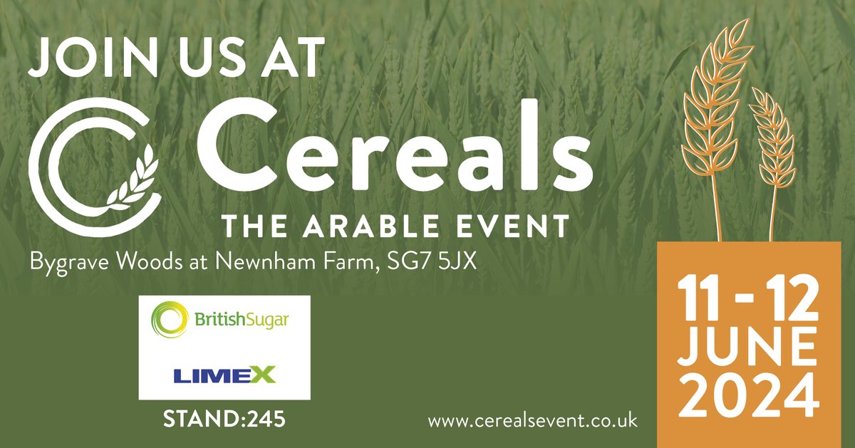 Come and see us on stand 245 today at <a href="/CerealsEvent/">Cereals Event</a> along with <a href="/UKLimeX/">LimeX</a> 👋
We'll also be joining <a href="/NFUSugar/">NFU Sugar</a> and <a href="/BBRO_Beet/">BBRO_Beet</a>  for #sugarhour at 11-12 on stand 229 - don't miss out!
#sugarbeet