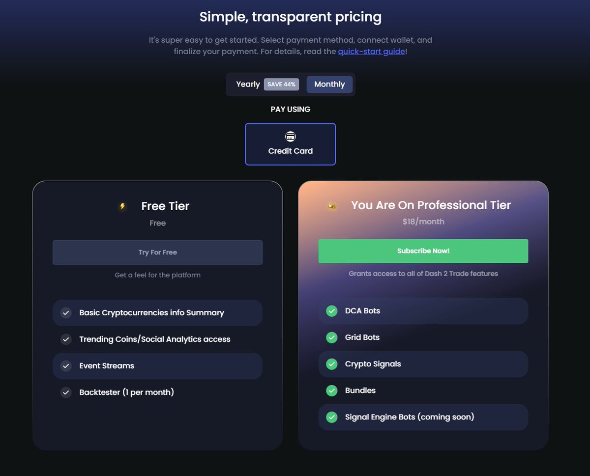 dash2_trade's tweet photo. Did you know? 🤔

You can purchase a monthly subscription to our platform using a credit card ! 💳

Simply choose the desired option, and navigate through the payment using our trusted payment gateway.🔐 https://t.co/tsuD9cae57