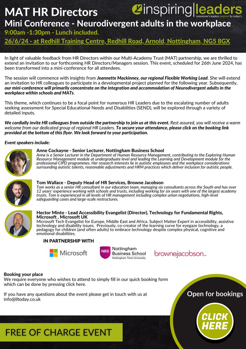 Inspiring Leaders (@leaderstoday) on Twitter photo Calling all MAT HR Leaders - Free mini-conference on 26/6/24 - open to regional leaders.
See post for details and the event booking link is here - forms.office.com/e/wsn2WcnhKE
We look forward to seeing you there.
<a href="/MSEducationUK/">Microsoft Education UK</a> <a href="/brownejacobson/">Browne Jacobson</a> <a href="/NBS_NTU/">Nottingham Business School</a> Calling all MAT HR Leaders - Free mini-conference on 26/6/24 - open to regional leaders.
See post for details and the event booking link is here - forms.office.com/e/wsn2WcnhKE
We look forward to seeing you there.
<a href="/MSEducationUK/">Microsoft Education UK</a> <a href="/brownejacobson/">Browne Jacobson</a> <a href="/NBS_NTU/">Nottingham Business School</a>