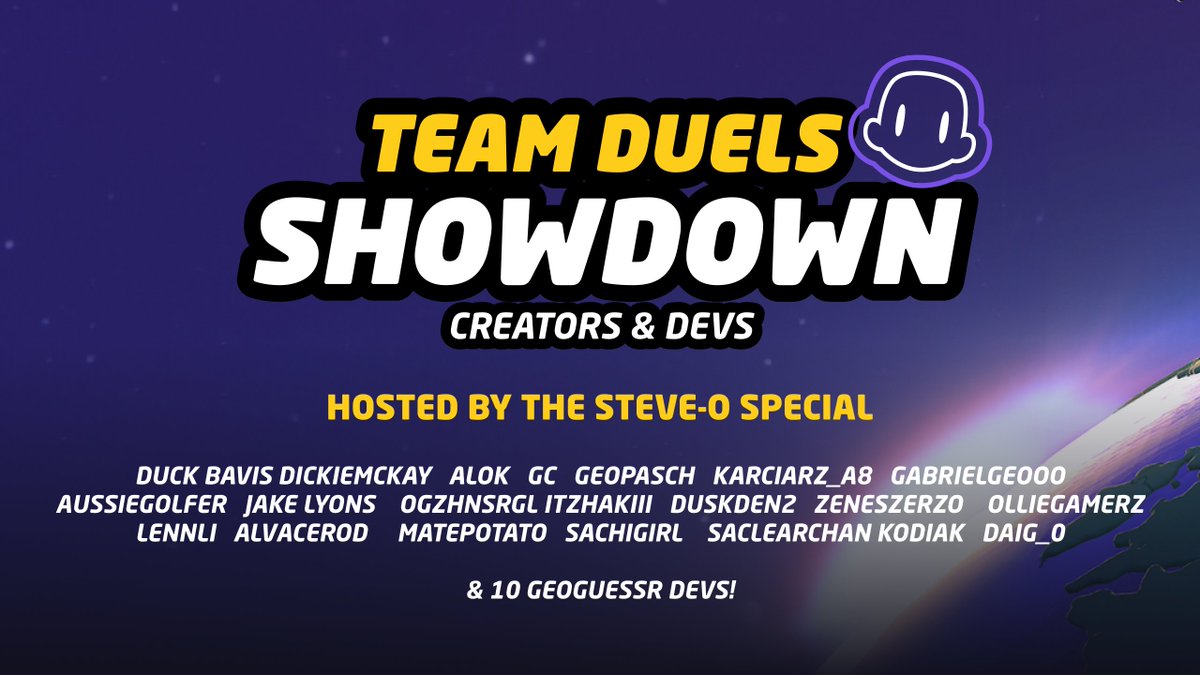 GeoGuessr (@geoguessr) on Twitter photo Tomorrow we're having a special tournament where us devs joins forces with creators in an all out team duels showdown hosted by <a href="/SpecialStevo/">The Stevo Special</a>
⏰14:00 UTC
WATCH:
📺 twitch.tv/thestevospecial
📺twitch.tv/geoguessr
🤑Prize pool
1st: 350$
2nd: 150$
More details in post 👇 Tomorrow we're having a special tournament where us devs joins forces with creators in an all out team duels showdown hosted by <a href="/SpecialStevo/">The Stevo Special</a>
⏰14:00 UTC
WATCH:
📺 twitch.tv/thestevospecial
📺twitch.tv/geoguessr
🤑Prize pool
1st: 350$
2nd: 150$
More details in post 👇