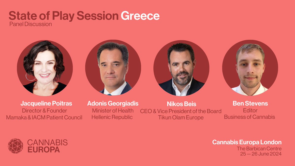 cannabiseuropa's tweet image. 1/ State of Play Session: Greece 🗣

◦ Jacqueline Poitras - Director &amp;amp; Founder, MAMAKA
◦ Adonis Georgiadis - Minister of Health, Hellenic Republic
◦ Nikos Beis - CEO &amp;amp; Vice President of the Board, Tikun Olam Europe
◦ Ben Stevens - Editor, BofC

🎟️👉 cannabis-europa.com