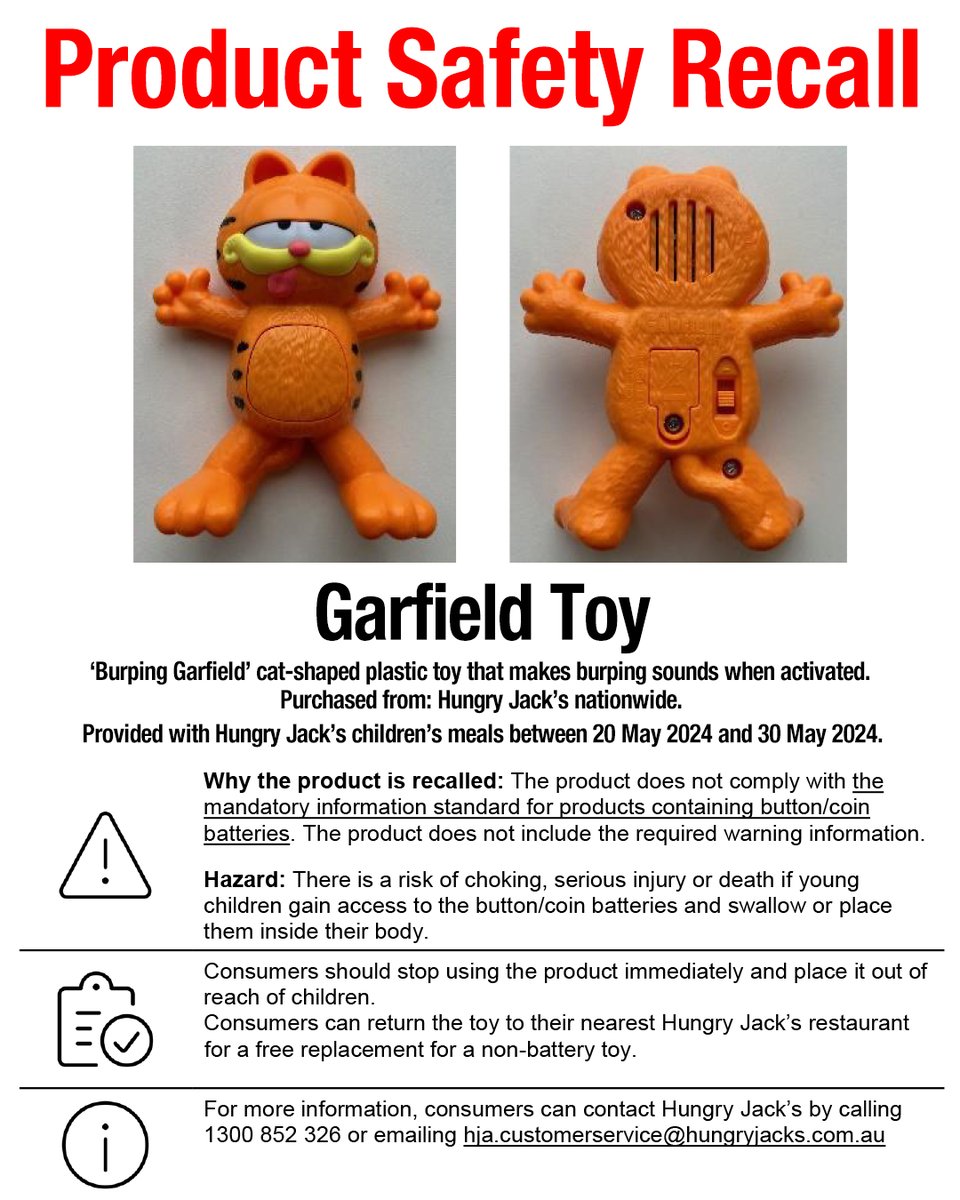 Hungry Jack's (@hungryjacksau) on Twitter photo Hungry Jack’s advises on a promotional toy safety recall. Please visit: productsafety.gov.au/system/files/r…
For further information, please contact Hungry Jack’s customer service line on 1300 852 326 or hja.customerservice@hungryjacks.com.au Hungry Jack’s advises on a promotional toy safety recall. Please visit: productsafety.gov.au/system/files/r…
For further information, please contact Hungry Jack’s customer service line on 1300 852 326 or hja.customerservice@hungryjacks.com.au