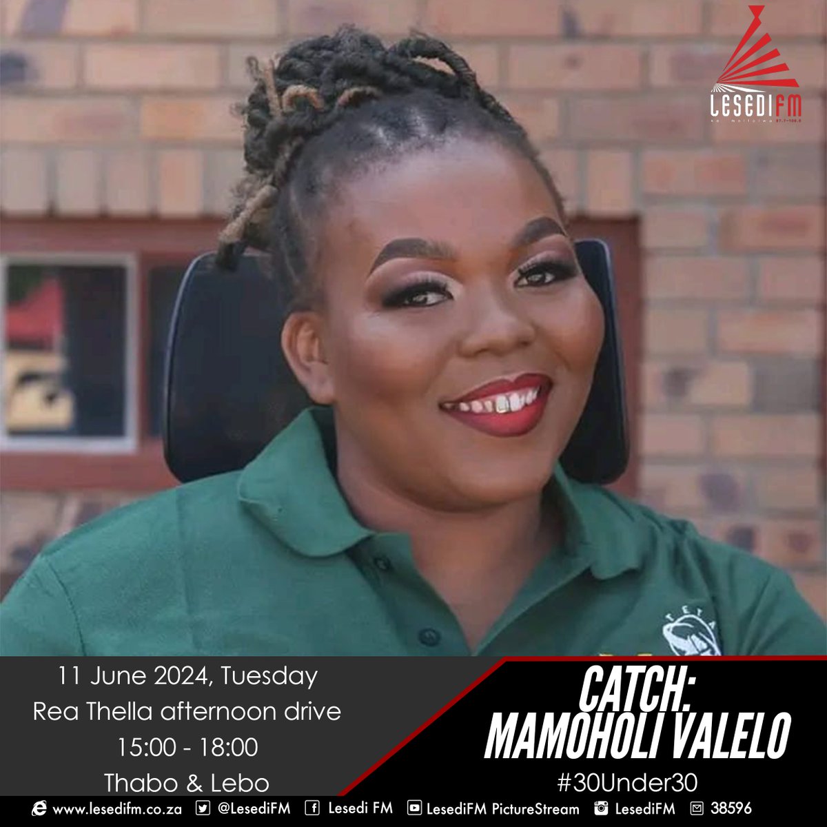 LesediFM's tweet photo. Moeti wa rona kajeno ho #30Under30 ke Mamoholi Valelo. #ReaThella 

Mamela Radio! https://t.co/5BoB2C8Owr