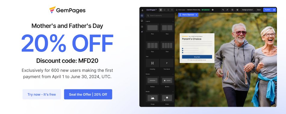 tepo_app's tweet photo. 🎉@Gempages Mother’s and Father’s Day Special Offer

Enjoy a 20% discount on your first payment towards any of @gempages Monthly Plans from April 1st, 2024, to June 30th, 2024 UTC!

🔗Discount code: MFD20
➡️ Claim your offer now: Link https://t.co/HOmwhZY627