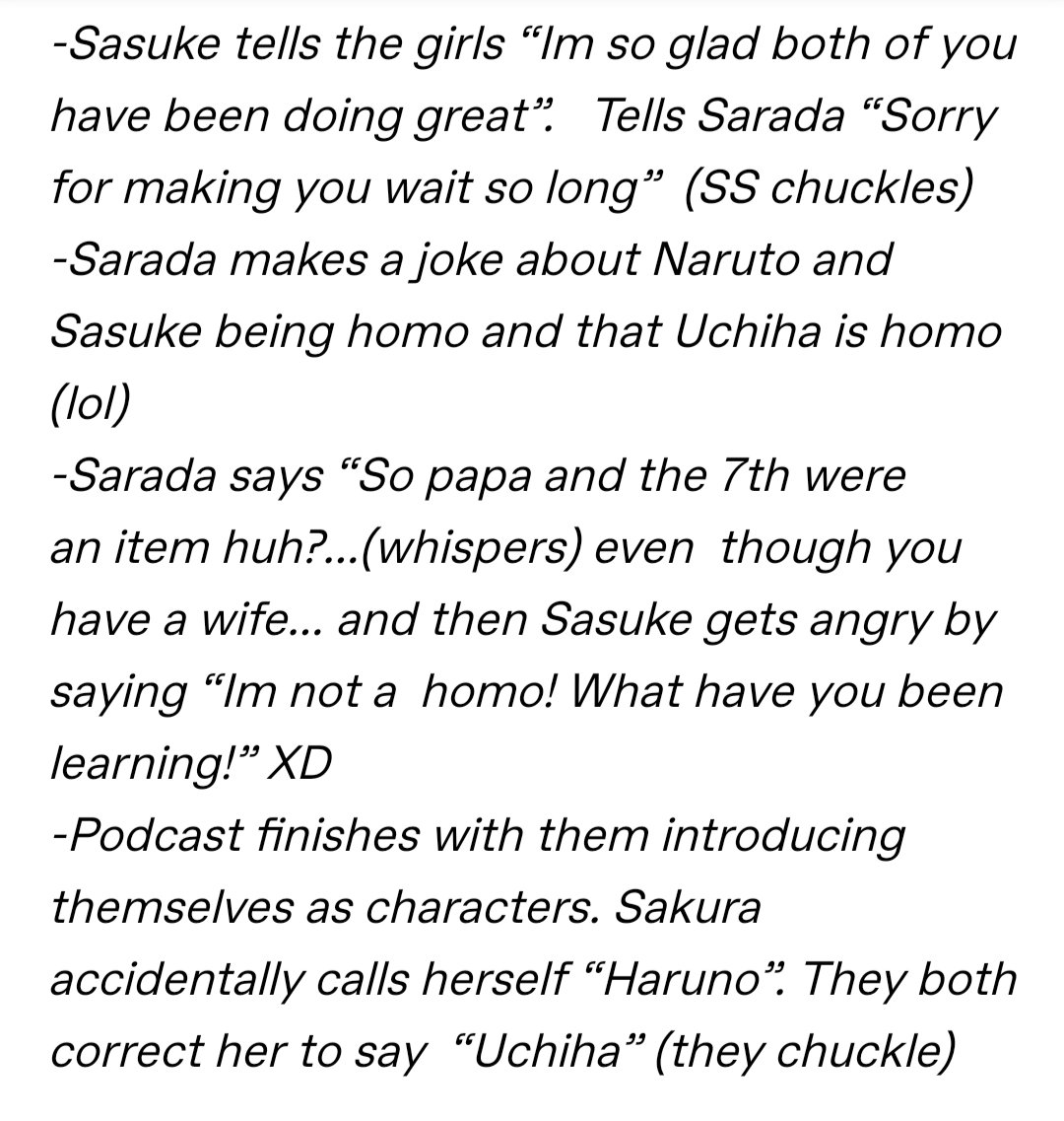 sasukeslawyer's tweet photo. This podcast of a mock "interview" with Sasuke, Sakura and Sarada's VA's is the most unhinged thing I've ever read... bc what 😭???? https://t.co/uF7qw87sT5