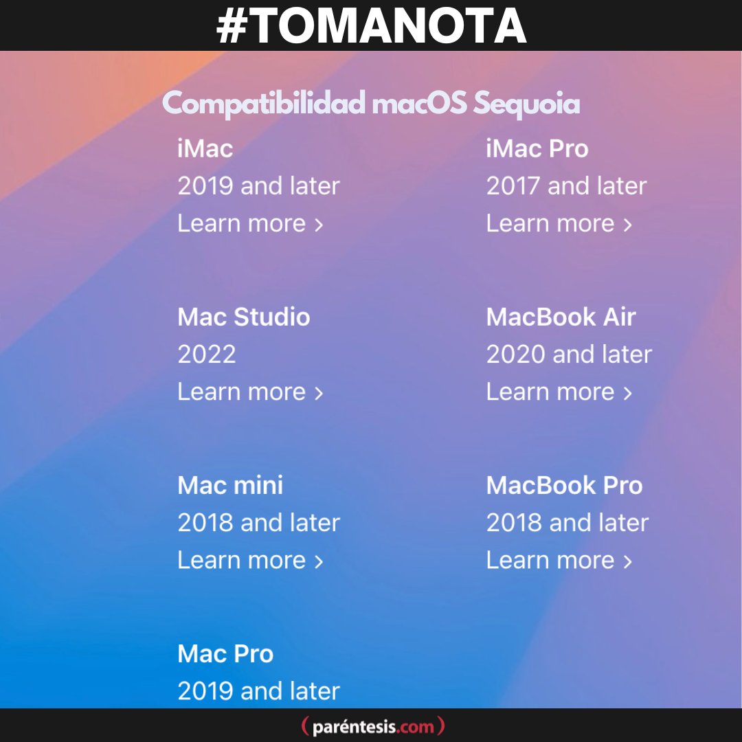 parentesis's tweet photo. ¿Tu iPhone es compatible? Acá los gadgets de Apple que alcanzan actualización
.
.
.
@apple #applewatch #watchos10 #ipados18 #macos #ios18 #applewatch #ipadpro #ipadair #ipadmini #imac #MacStudio #macmini #macpro #imacpro #macbookair #macbookpro #iphone https://t.co/mBFelcN9aZ